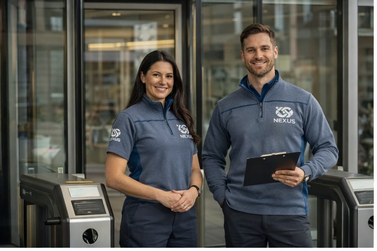 Profesional de NEXUS ACCESS atendiendo a cliente en recepción corporativa