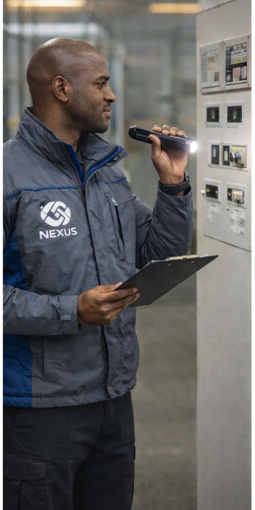Profesional uniformado de NEXUS GOLD inspeccionando instalación