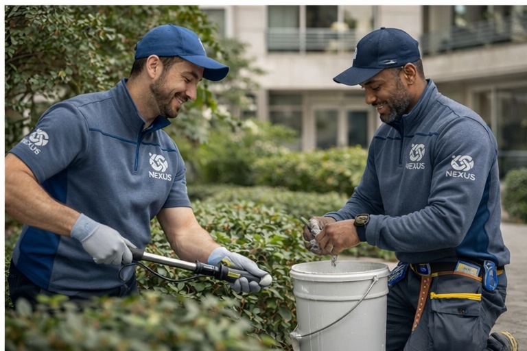 Equipo de jardinería de NEXUS GOLD podando setos en zona residencial