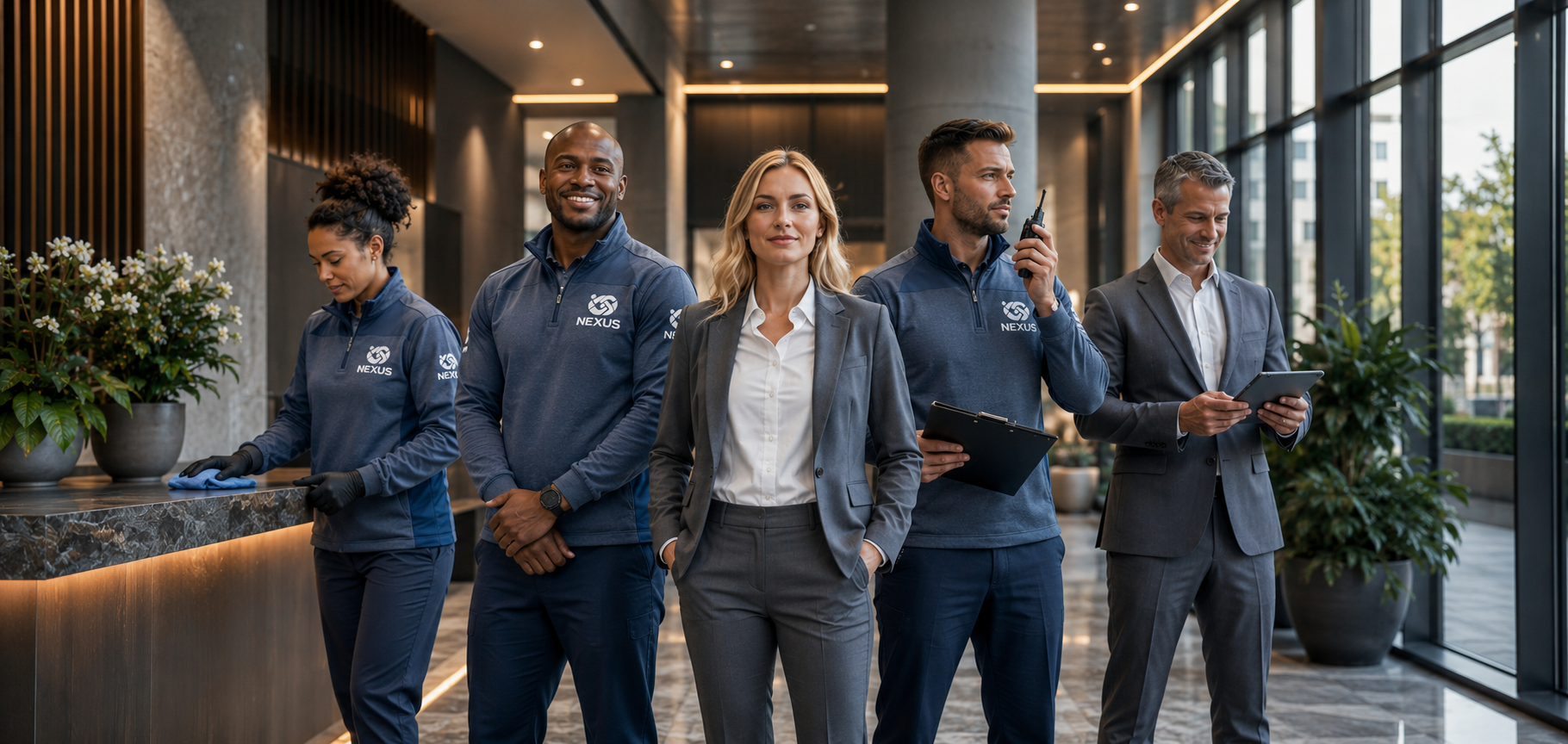 Equipo profesional de NEXUS GOLD en vestíbulo corporativo