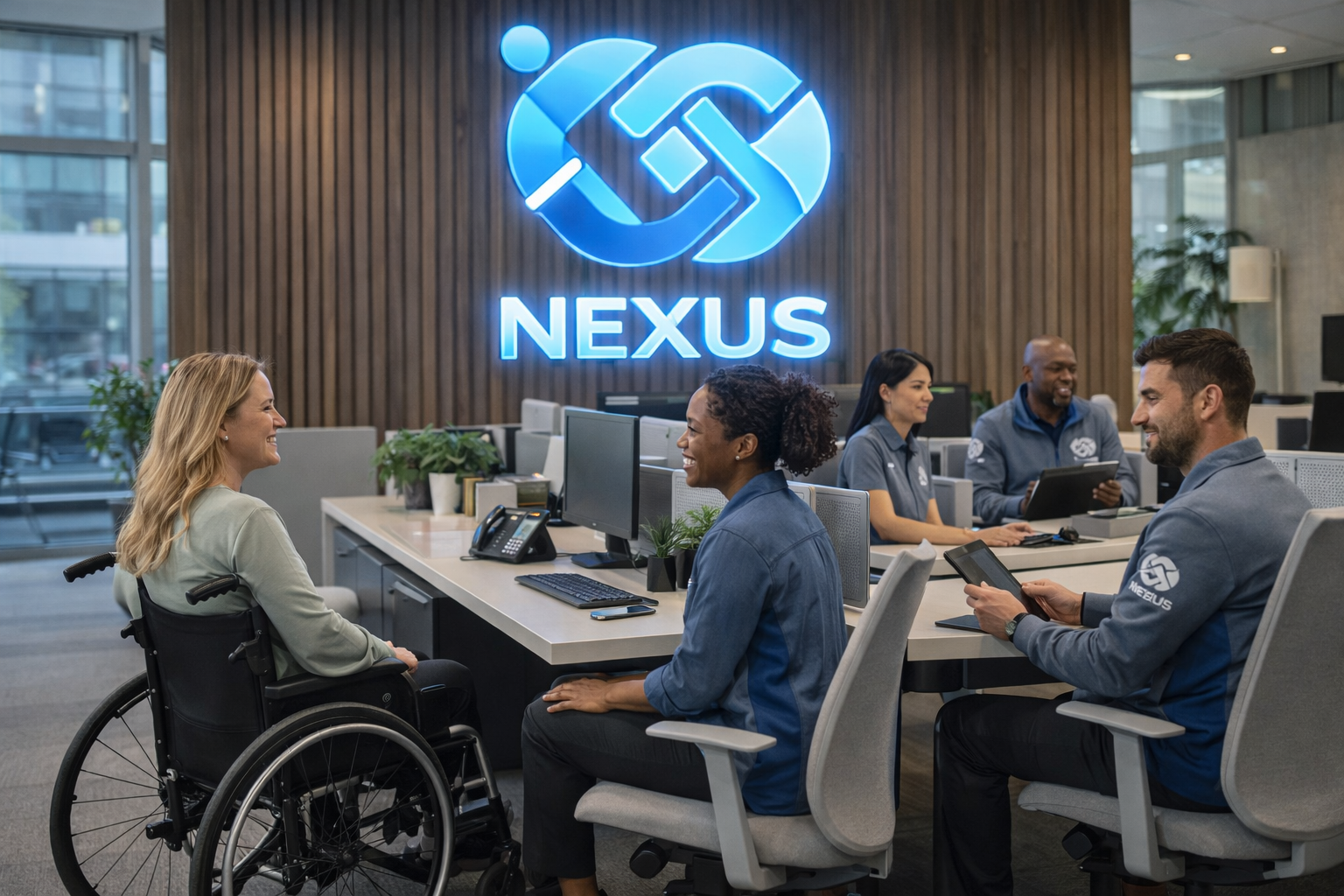 Equipo de NEXUS GOLD trabajando en oficina corporativa inclusiva